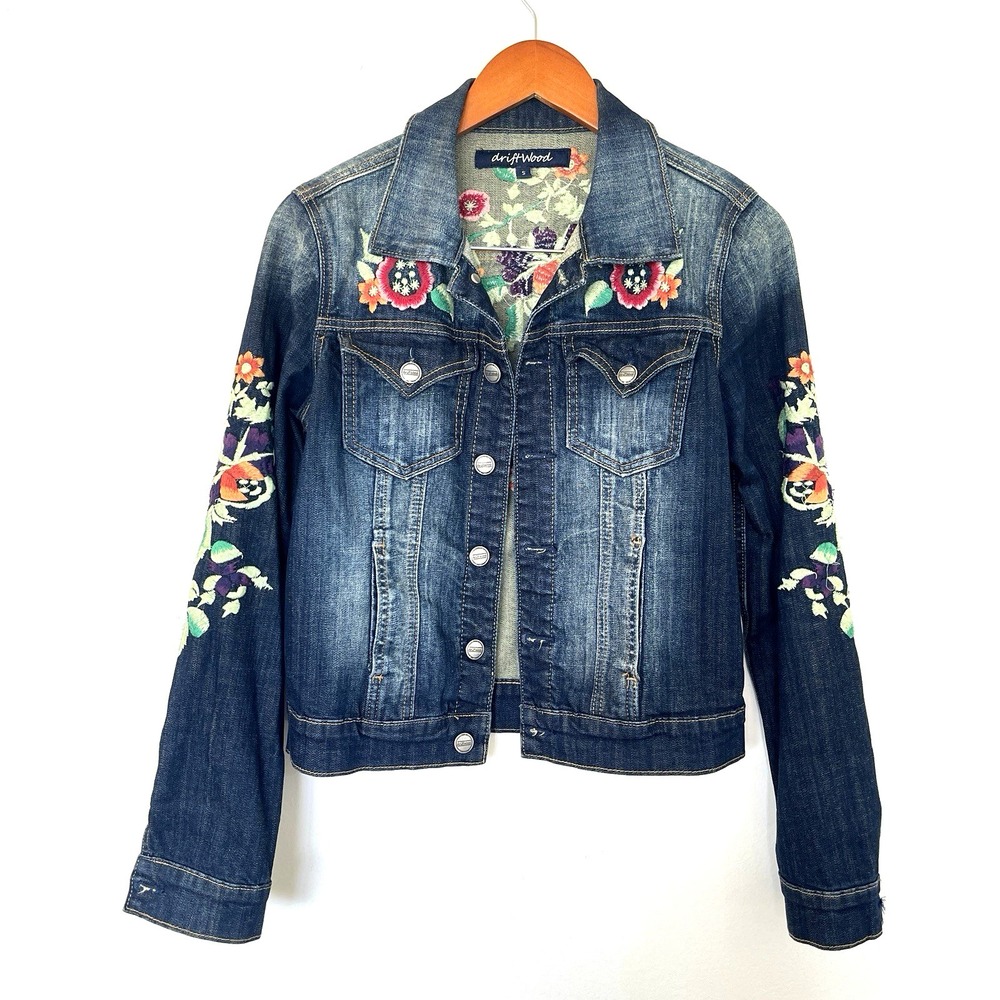 Driftwood Denim Embroidered Floral Jean Jacket S Trucker Western Flower Boho